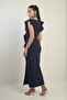 Women's Shoulder Rose Embroidered Lined Long Dress with Front Slit and Flounce - 4