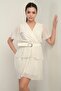 Women's Double Breasted Collar Waist Belted Lined Spotted Layered Chiffon Short Dress - 3