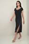 Women's Madonna Collar Piping Detailed Slit Crystal Long Dress - 3