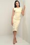 Women's Round Neck Shoulder Padded Side Gathered Top Lined Midi Dress