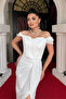 Glitter Tulle Fabric Gathered Detailed Evening Dress - White - 3