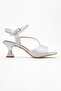 Women's Thick Front Face Cross Stone Heeled Shoes Silver Satin - 2