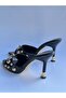 Women's Gold Stone Heeled Pointed Toe Daily Slippers Black - 3