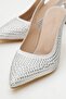 Stoned Pointed Toe Women's Heeled Shoes Silver Satin - 3
