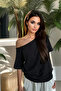 Black Women's Off Shoulder Boat Neck Oversize T-Shirt - 4