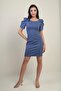 Women's Boat Neck Sleeves Buttons Pleated Back Zipper Dress