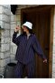 Women's Navy Blue Striped Wide Cut Viscose Fabric Shirt and Pants Bottom/Top Set 29046 - 6