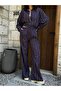 Women's Navy Blue Striped Wide Cut Viscose Fabric Shirt and Pants Bottom/Top Set 29046 - 5