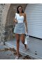 Women's Striped Denim Mini Skirt with Shorts Denim Fabric - 3
