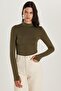 Women's Regular Fit Classic Cut Viscose Fabric Turtleneck Khaki Blouse