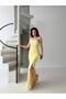 Yellow Stone Embroidered Slit Strapless Evening Dress - 2