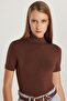 Women's Standard Fit Short Sleeve Half Turtleneck Brown Blouse - 3