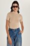 Women's Standard Fit Short Sleeve Half Turtleneck Beige Blouse