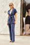 Women's Silky Modal Fabric Collar Off-Shoulder Epaulets Short Sleeve Button down Jacket with Waist Belt-Navy Blue - 5