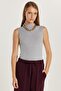 Women's Regular Fit Classic Cut Viscose Fabric Turtleneck Zero Sleeve Gray Blouse - 5