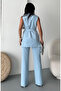 Women's Shawl Collar and Belted Vest Trousers Set Baby Blue - 5