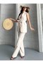 Women's Shawl Collar and Belted Vest Trousers Suit Stone - 3