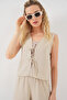 Women's Linen Look Zero Sleeve Double Suit 6746 - Beige - 2