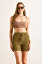 Women's Khaki Elastic Waist Pocket Textured Shorts Shrt-19000066 - 2