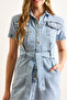 Women's Medium Blue Belted Pocket Short Sleeve Mini Denim Dress Elb-19002478 - 6