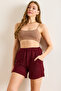 Women's Burgundy Elastic Waist Pocket Textured Shorts Shrt-19000066 - 3