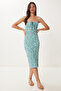 Women's Water Green Floral Slit Summer Knitted Dress CI00029 - 2
