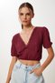 Women's Burgundy Balloon Sleeve Crop Knitted Blouse Zv00278