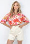 Coral Floral Patterned Double Sleeve Crop Shirt Alc-X14176