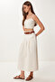 Women's Cream Belted Summer Flared Linen Skirt Bv00161 - 2