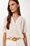 Women's Biscuit Bone Laced Linen Blouse Tp00104 - 3