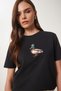 Women's Black Stone Detailed Embroidered Cotton Knitted T-Shirt Cr00521 - 3
