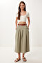 Women's Sage Green Belted Summer Flared Linen Skirt BV00161 - 2