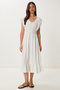 Women's Ecru Flounced Summer Midi Crinkle Knitted Dress Zv00333