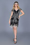 Art Deco Fringe Flapper Dress in Black-Silver