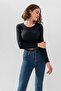 Black Long Sleeve Ribbed Blouse Crop Knitted T-shirt - 2