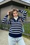 Navy Blue Striped Zippered Knitwear Sweater - 4