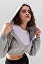 Gray Hooded V-Neck Cropped Knitted Sweatshirt - 4