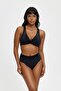 Satin Detail V-Collar Collecting High Waist Black Bikini Set