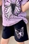 Girl's Black Pencil Butterfly Printed Combed Cotton Lilac T-Shirt Shorts Set - 3