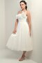 Women's Rope Strap Back Lace-Up Low Single Sleeve Feather Brooch Lined Puppy Fabric Dress - 2