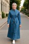 Women's Pearl Detailed Belted Denim Blue Dress