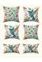 Nature Themed Bird and Flower Patterned Blue Cream Color Digital Printed Gift Set of 6 Throw Pillow Covers