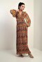 Women's V Neck Lined Floral Print Complete Pleated Chiffon Long Dress - 3