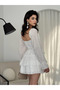 Tie-Up Handle Collar Long Sleeve Mini Dress White - 2