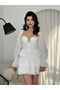 Tie-Up Handle Collar Long Sleeve Mini Dress White