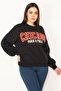 Women's Large Size Black Embroidery Detailed Ribbed Sweatshirt 65n31390 - 3