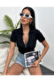 Women's Black Half-Zip Polo Collar Ribbed Knitted Blouse - 3