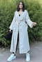 Women's Khaki & Ecru Striped Double Breasted Collar, Belt, Loose Fit, Slit, Striped, Long Trench Coat