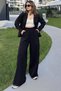 Women's Black Elastic Waist, Pocket, Wide Leg, Loose Trousers