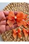 Pearl Detailed Orange Linen Ribbon Ready Bow - 20 Pieces - 2